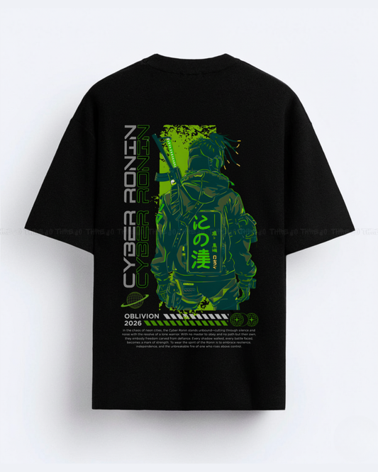 Cyber Ronin Oversized T-Shirt – Futuristic Streetwear Graphic Tee Featuring Neon Samurai Warrior Design – Trendy Sci-Fi Aesthetic Unisex Casual Shirt – Urban Cyberpunk Style for Fans of Techwear