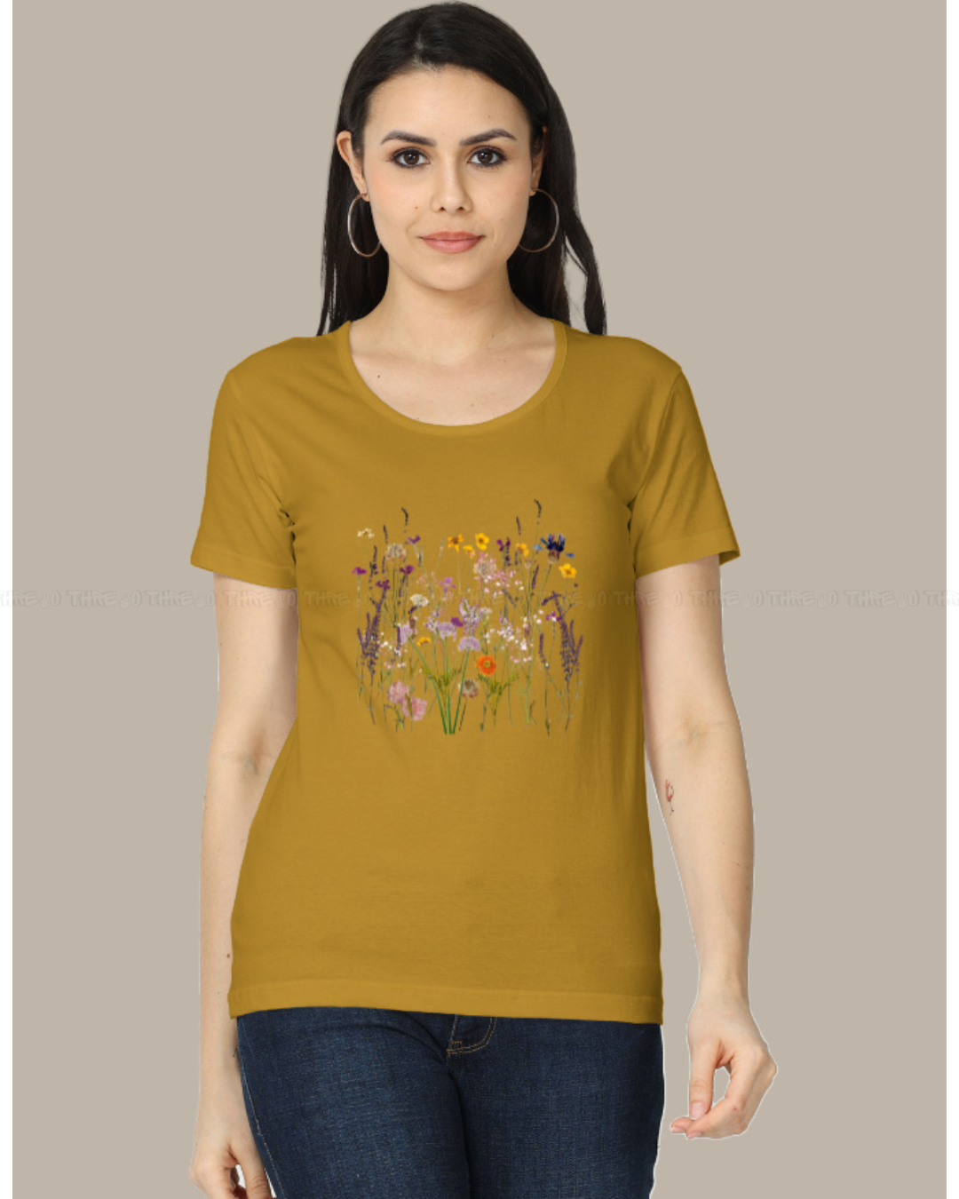 Wildflower Garden Women’s Crew Neck T-Shirt – Botanical Floral Print Cotton Tee