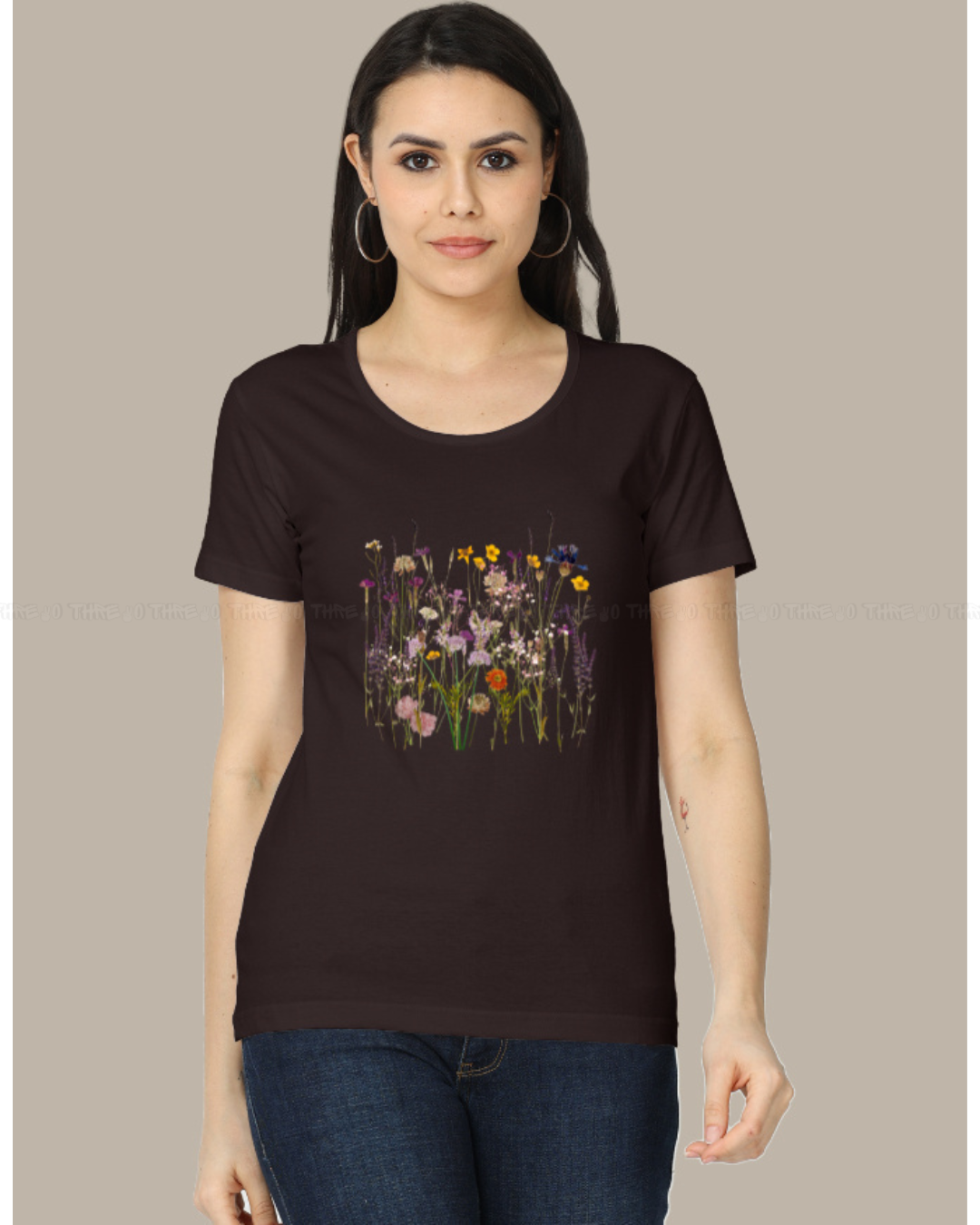 Wildflower Garden Women’s Crew Neck T-Shirt – Botanical Floral Print Cotton Tee
