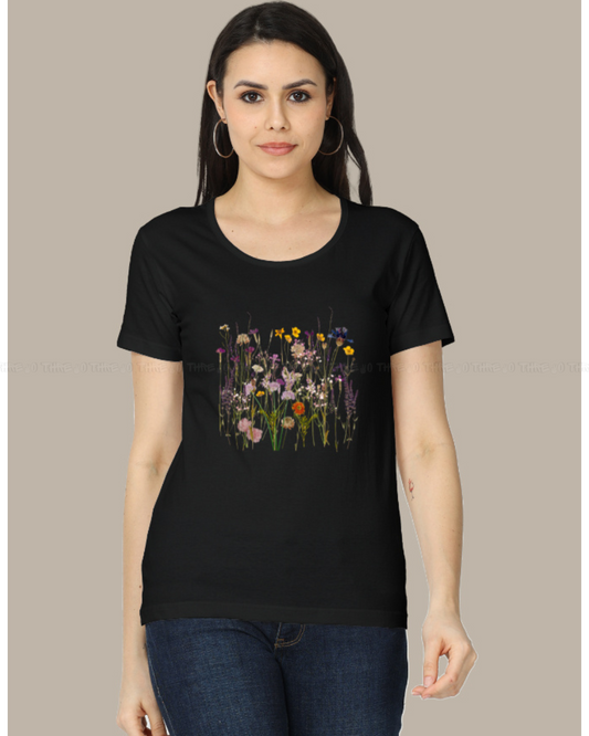 Wildflower Garden Women’s Crew Neck T-Shirt – Botanical Floral Print Cotton Tee