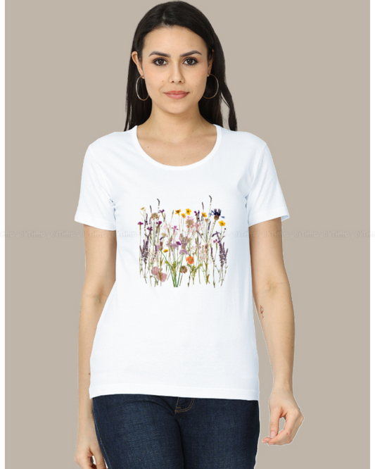 Wildflower Garden Women’s Crew Neck T-Shirt – Botanical Floral Print Cotton Tee