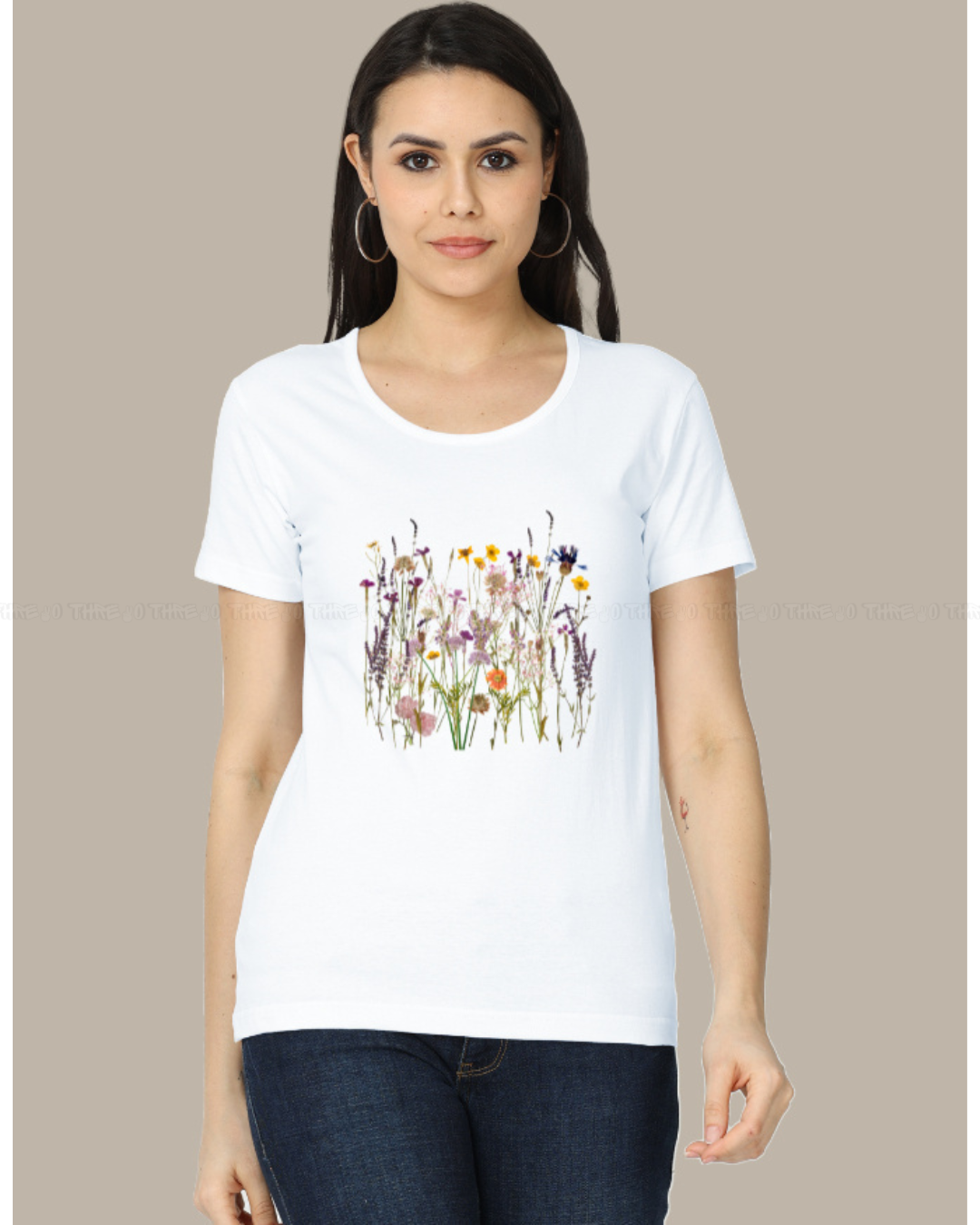 Wildflower Garden Women’s Crew Neck T-Shirt – Botanical Floral Print Cotton Tee