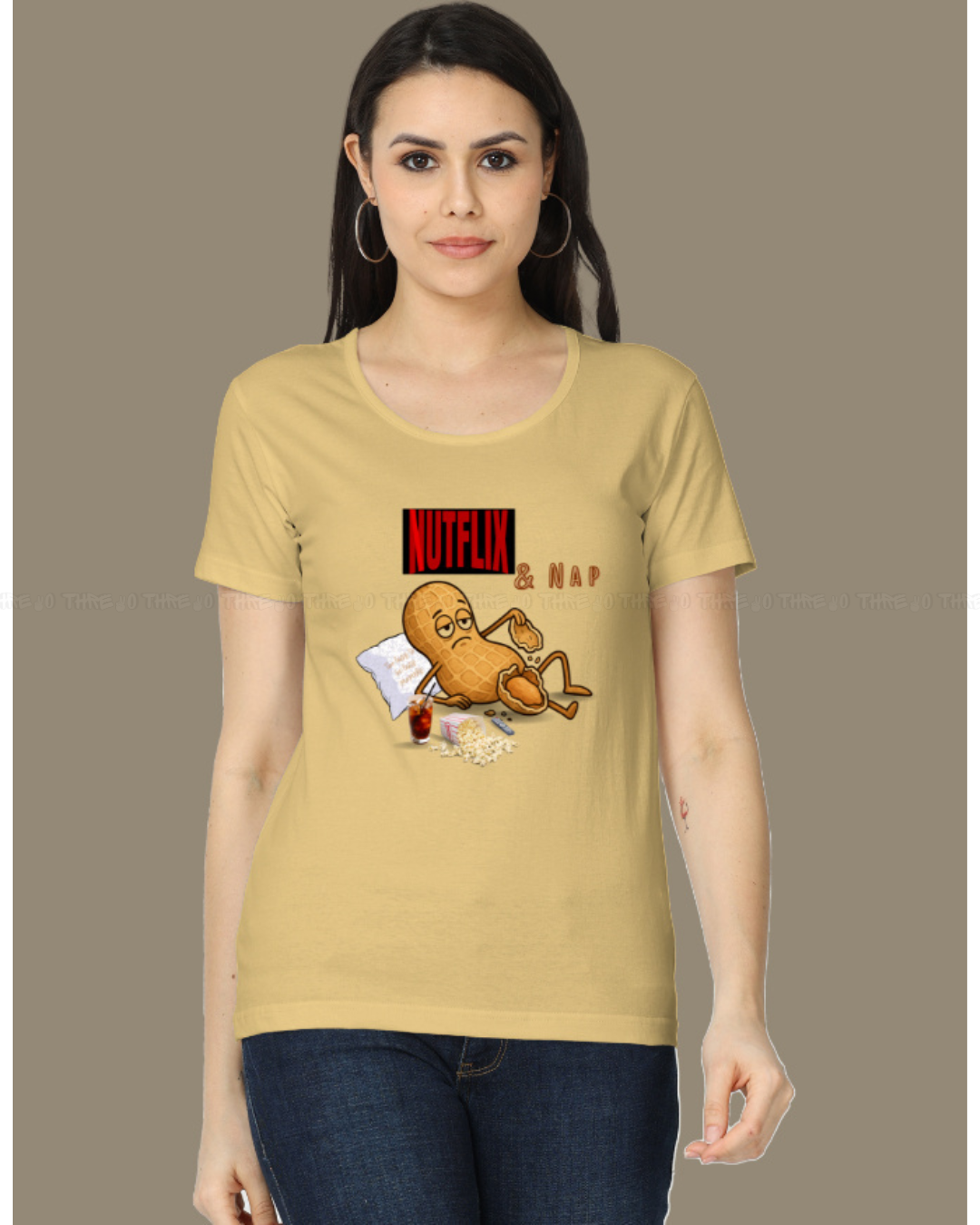 Nutflix & Nap Women’s Classic Crew Neck T-Shirt – Funny Cartoon Graphic Cotton Tee for Relaxed Casual Style