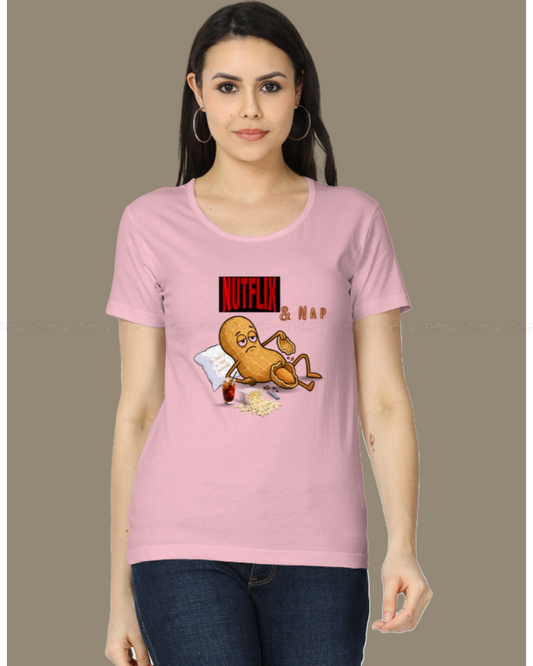 Nutflix & Nap Women’s Classic Crew Neck T-Shirt – Funny Cartoon Graphic Cotton Tee for Relaxed Casual Style
