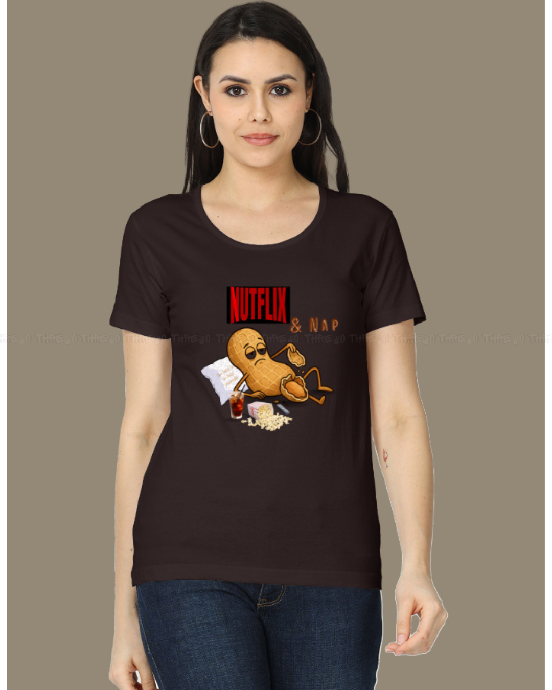 Nutflix & Nap Women’s Classic Crew Neck T-Shirt – Funny Cartoon Graphic Cotton Tee for Relaxed Casual Style