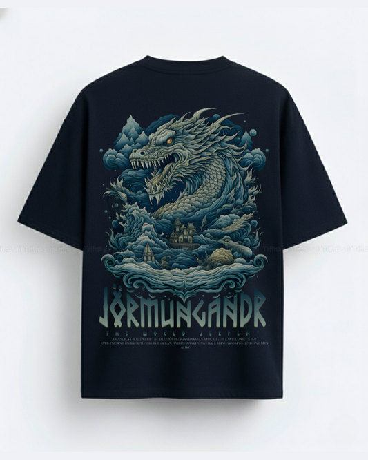 Jörmungandr Oversized T-Shirt – Norse Mythology World Serpent Graphic Tee | Viking Dragon Ocean God Design | Dark Streetwear Vintage Aesthetic Shirt