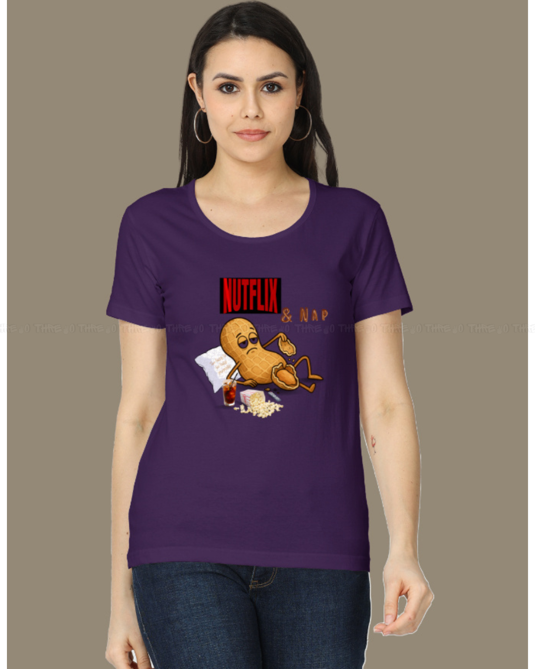 Nutflix & Nap Women’s Classic Crew Neck T-Shirt – Funny Cartoon Graphic Cotton Tee for Relaxed Casual Style