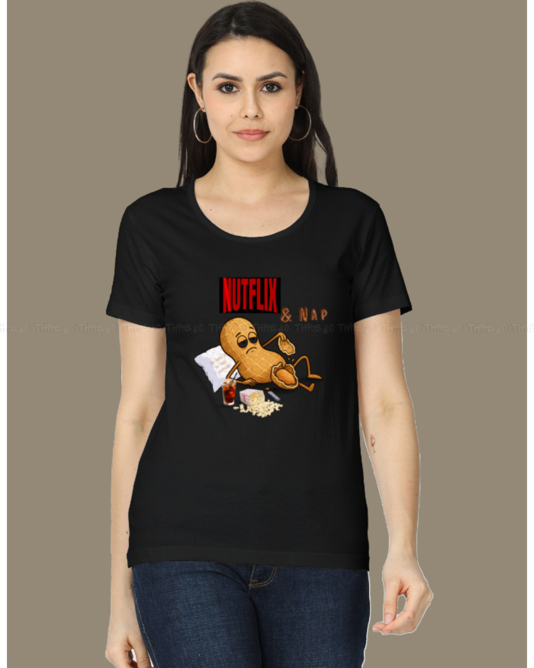 Nutflix & Nap Women’s Classic Crew Neck T-Shirt – Funny Cartoon Graphic Cotton Tee for Relaxed Casual Style