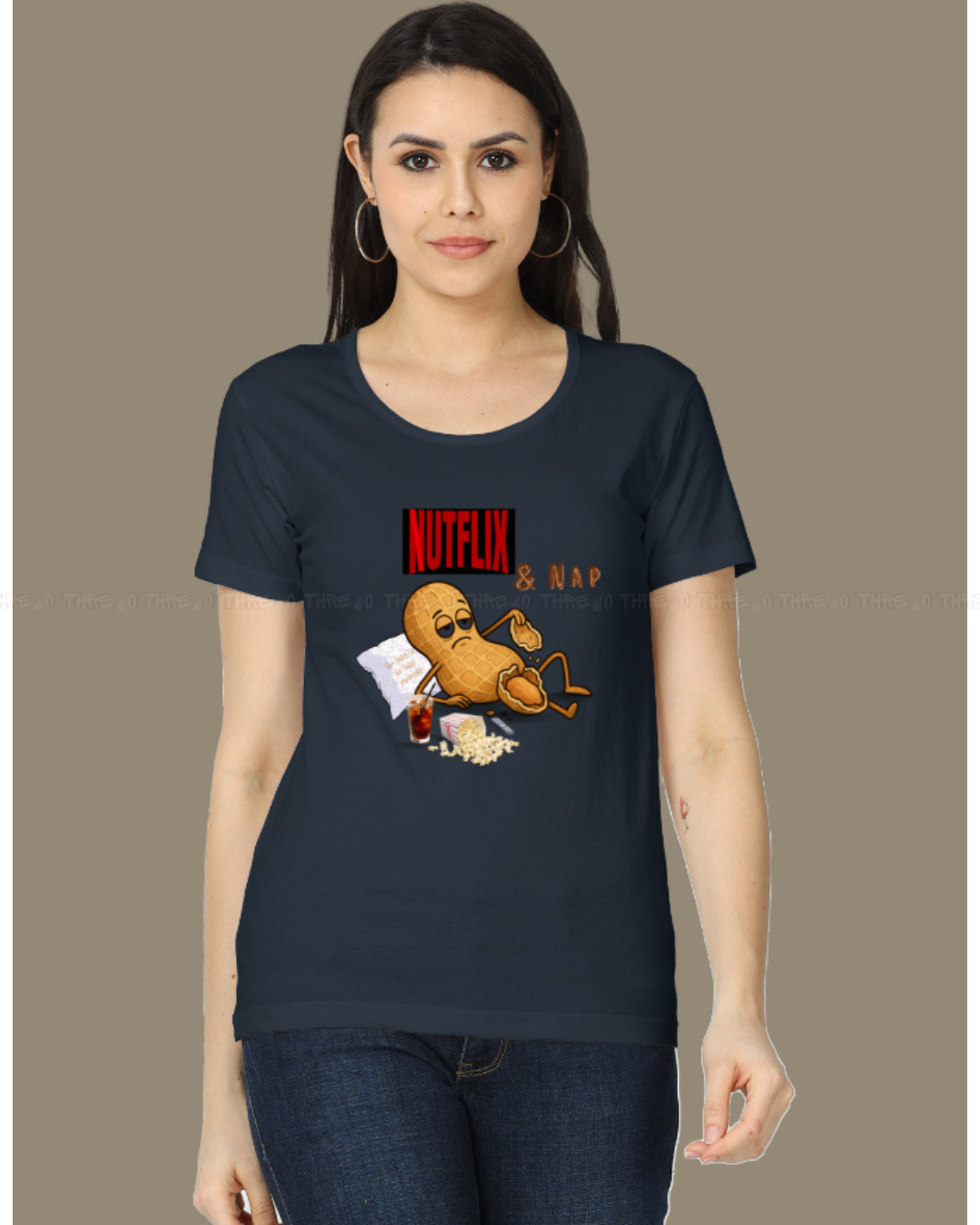 Nutflix & Nap Women’s Classic Crew Neck T-Shirt – Funny Cartoon Graphic Cotton Tee for Relaxed Casual Style