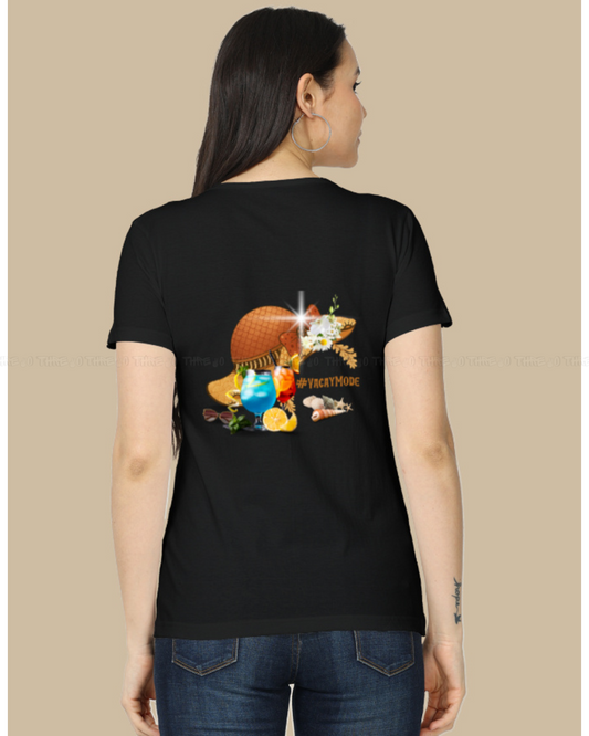 VacayMode Women’s Classic Crew Neck T-Shirt – Fun Tropical Cartoon Graphic Cotton Tee for Vacation Vibes & Relaxed Style