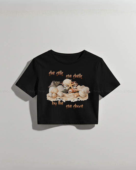 Seashells Graphic Crop Top – Trendy Summer Beachwear Tee, Nature Inspired Casual Oversized T-Shirt, Stylish Coastal Vibes Streetwear for Women