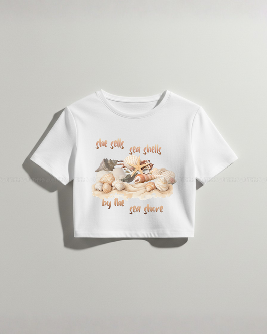 Seashells Graphic Crop Top – Trendy Summer Beachwear Tee, Nature Inspired Casual Oversized T-Shirt, Stylish Coastal Vibes Streetwear for Women
