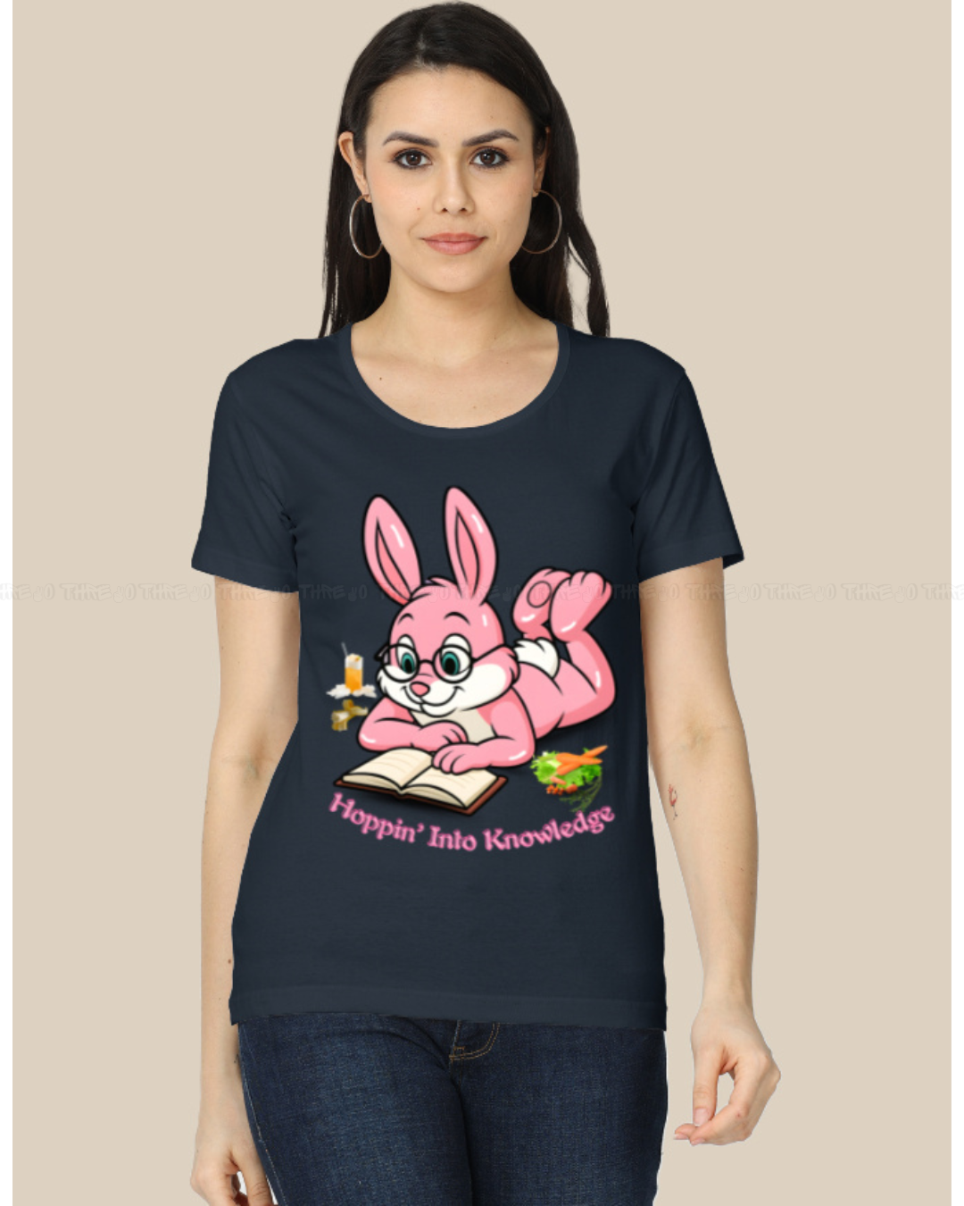 Hoppin’ Into Knowledge Bunny T-Shirt – Cute Pink Bunny Reading Graphic Tee for Book Lovers & Students