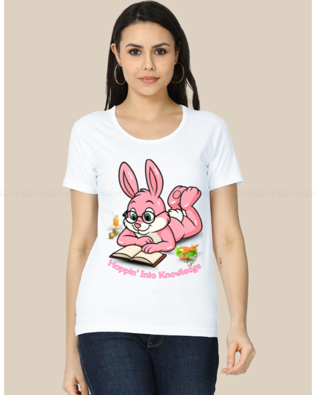 Hoppin’ Into Knowledge Bunny T-Shirt – Cute Pink Bunny Reading Graphic Tee for Book Lovers & Students