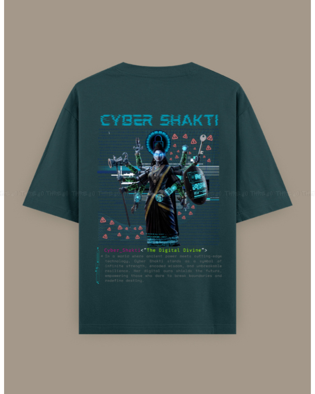 Cyber Shakti Oversized T-Shirt – Futuristic Goddess Digital Art Graphic Streetwear Tee