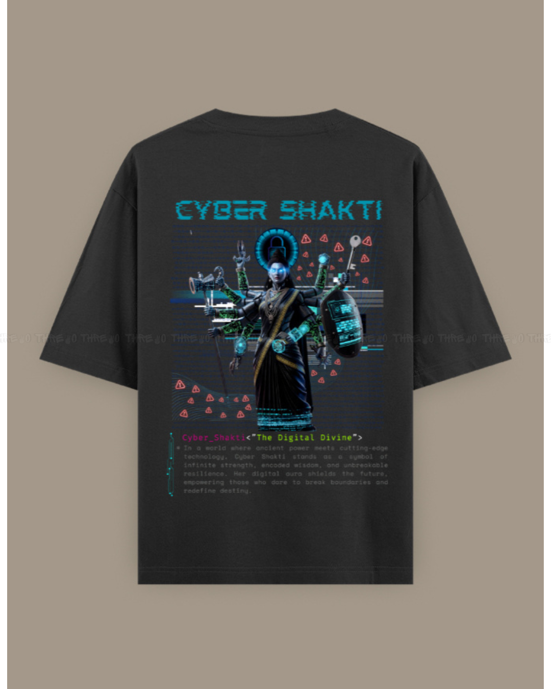 Cyber Shakti Oversized T-Shirt – Futuristic Goddess Digital Art Graphic Streetwear Tee