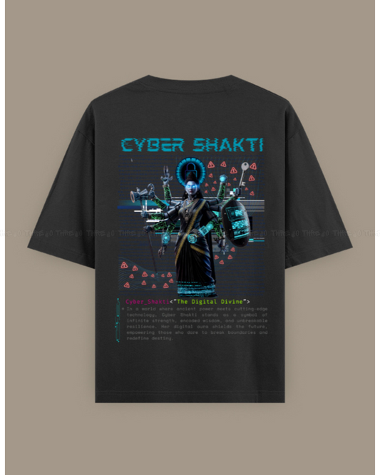 Cyber Shakti Oversized T-Shirt – Futuristic Goddess Digital Art Graphic Streetwear Tee