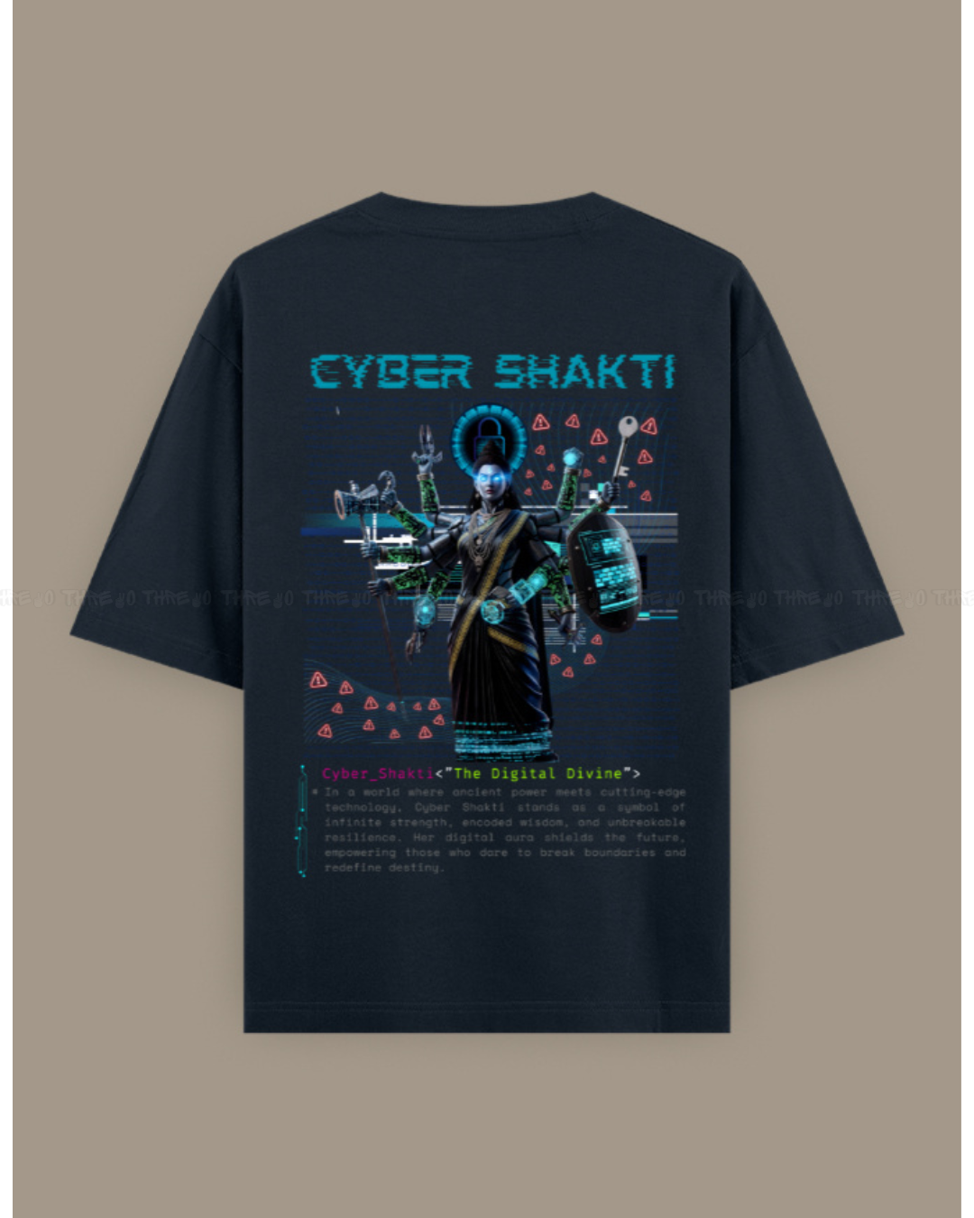 Cyber Shakti Oversized T-Shirt – Futuristic Goddess Digital Art Graphic Streetwear Tee