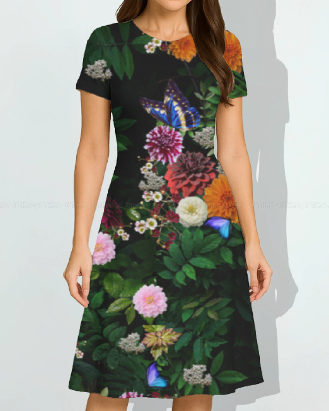 Midnight Bloom A-Line Dress – Elegant Floral & Butterfly Print