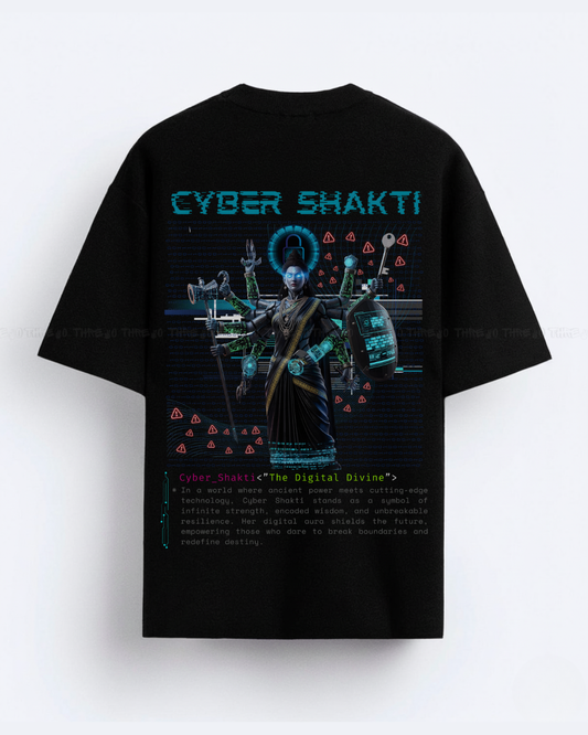 Cyber Shakti Oversized T-Shirt – Futuristic Goddess Digital Art Graphic Streetwear Tee