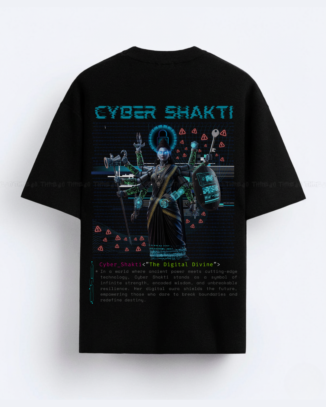 Cyber Shakti Oversized T-Shirt – Futuristic Goddess Digital Art Graphic Streetwear Tee