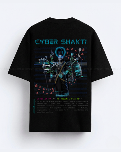Cyber Shakti Oversized T-Shirt – Futuristic Goddess Digital Art Graphic Streetwear Tee