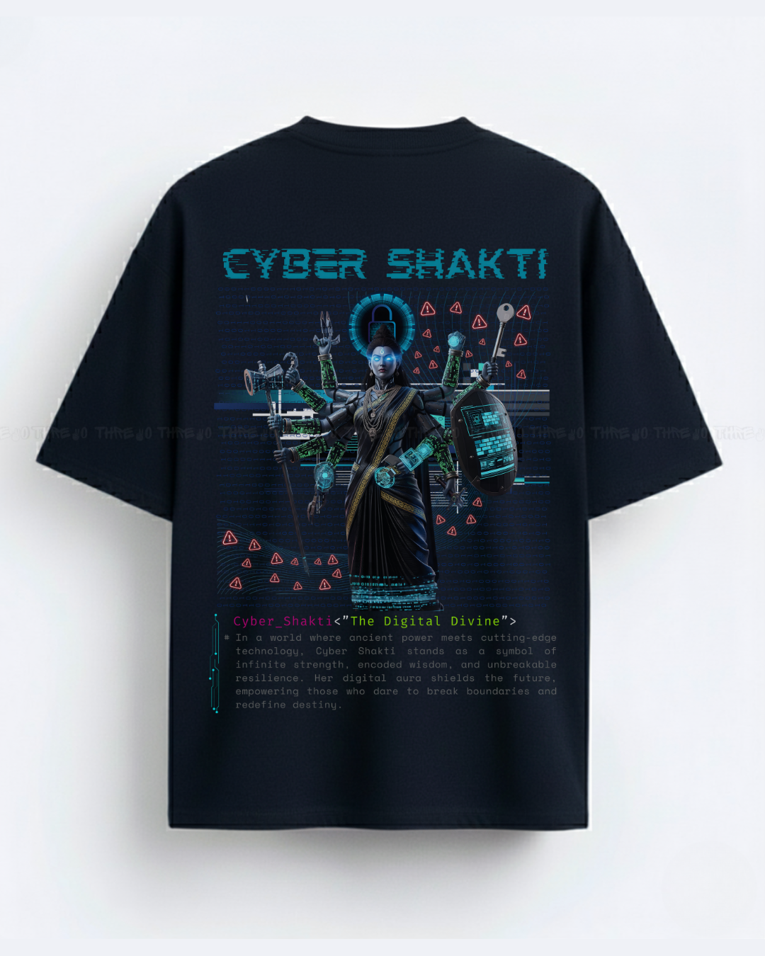 Cyber Shakti Oversized T-Shirt – Futuristic Goddess Digital Art Graphic Streetwear Tee