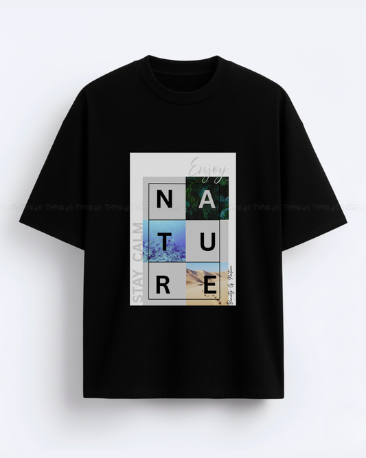 Nature Graphic Oversized T-Shirt – Unisex Streetwear Tee with Stay Calm & Enjoy Nature Print