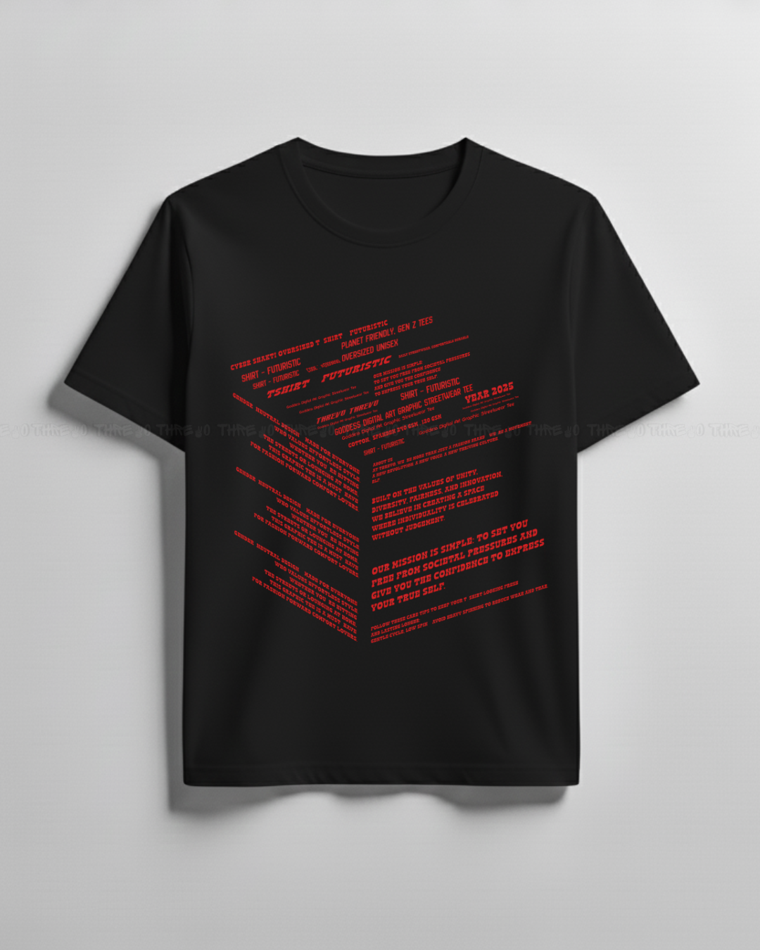 Futuristic Typography Graphic T-Shirt – Unisex Crew Neck Streetwear Tee with Red Tech Print