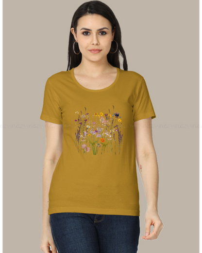 Wildflower Garden Women’s Crew Neck T-Shirt – Botanical Floral Print Cotton Tee