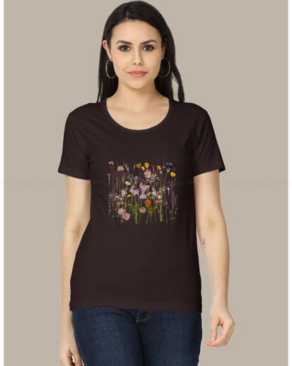Wildflower Garden Women’s Crew Neck T-Shirt – Botanical Floral Print Cotton Tee