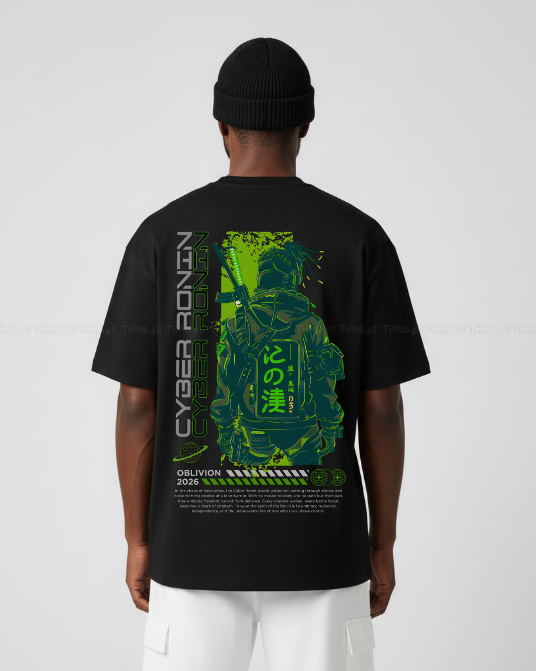 Cyber Ronin Oversized T-Shirt – Futuristic Streetwear Graphic Tee Featuring Neon Samurai Warrior Design – Trendy Sci-Fi Aesthetic Unisex Casual Shirt – Urban Cyberpunk Style for Fans of Techwear