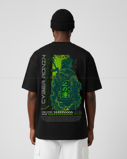 Cyber Ronin Oversized T-Shirt – Futuristic Streetwear Graphic Tee Featuring Neon Samurai Warrior Design – Trendy Sci-Fi Aesthetic Unisex Casual Shirt – Urban Cyberpunk Style for Fans of Techwear