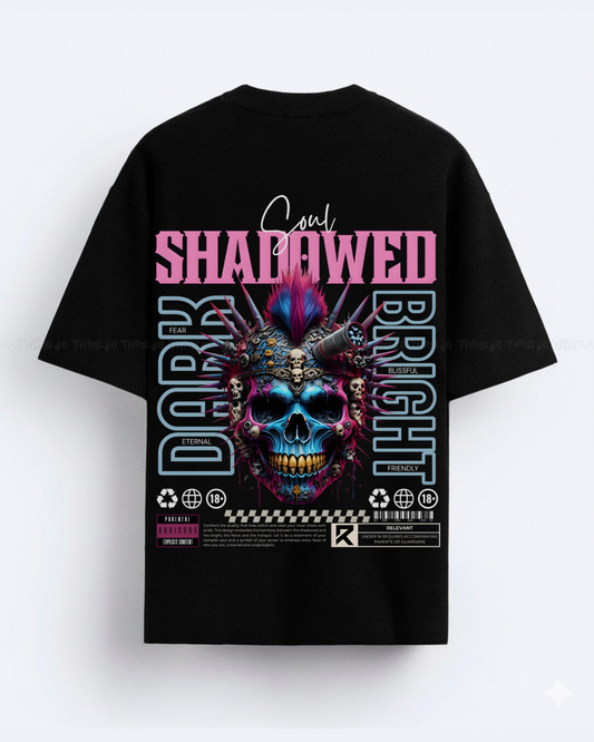 Shadowed Soul Skull Graphic T‑Shirt | Neon Cyberpunk Punk Rock Streetwear | Unisex Oversized Dark vs Bright Design