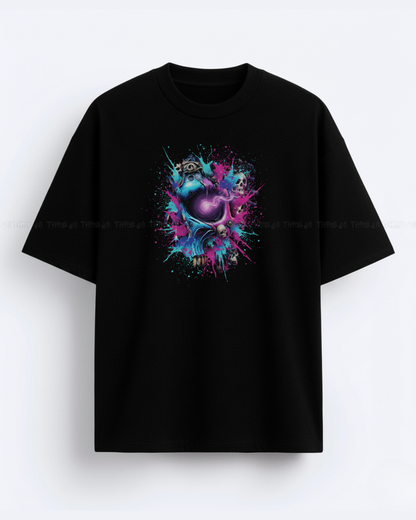 Shadowed Soul Skull Graphic T‑Shirt | Neon Cyberpunk Punk Rock Streetwear | Unisex Oversized Dark vs Bright Design