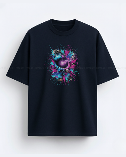 Shadowed Soul Skull Graphic T‑Shirt | Neon Cyberpunk Punk Rock Streetwear | Unisex Oversized Dark vs Bright Design