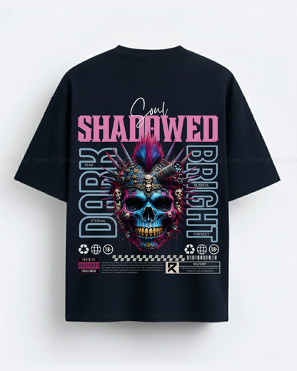Shadowed Soul Skull Graphic T‑Shirt | Neon Cyberpunk Punk Rock Streetwear | Unisex Oversized Dark vs Bright Design