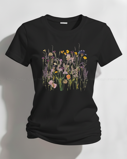 Wildflower Garden Women’s Crew Neck T-Shirt – Botanical Floral Print Cotton Tee