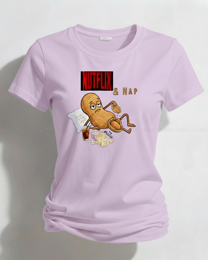 Nutflix & Nap Women’s Classic Crew Neck T-Shirt – Funny Cartoon Graphic Cotton Tee for Relaxed Casual Style