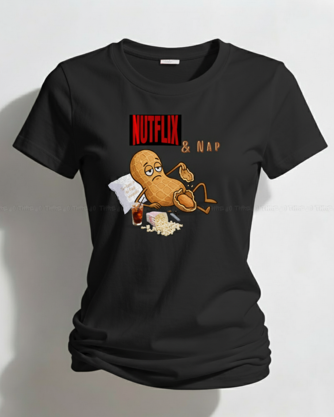 Nutflix & Nap Women’s Classic Crew Neck T-Shirt – Funny Cartoon Graphic Cotton Tee for Relaxed Casual Style
