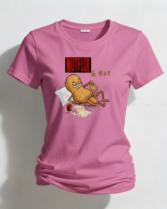Nutflix & Nap Women’s Classic Crew Neck T-Shirt – Funny Cartoon Graphic Cotton Tee for Relaxed Casual Style