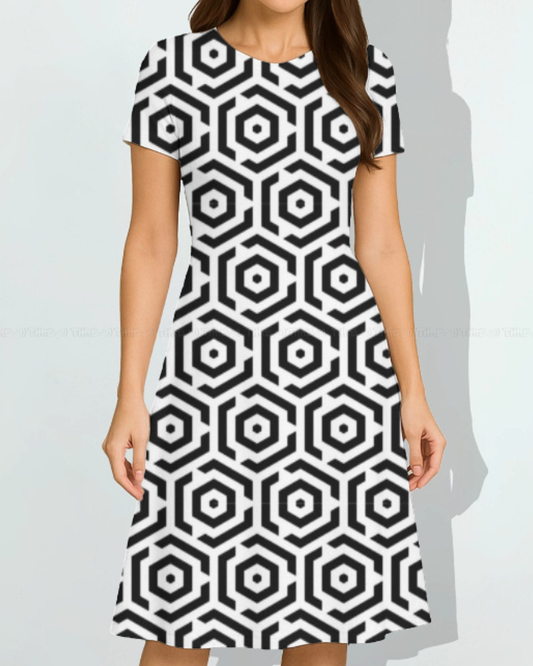 Mono Hex A-Line Dress – Bold Geometric Black & White Pattern