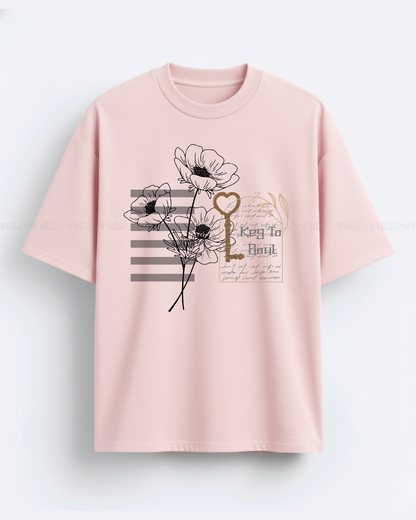 Key to My Heart Oversized T-Shirt – Floral Graphic Women’s Casual Tee