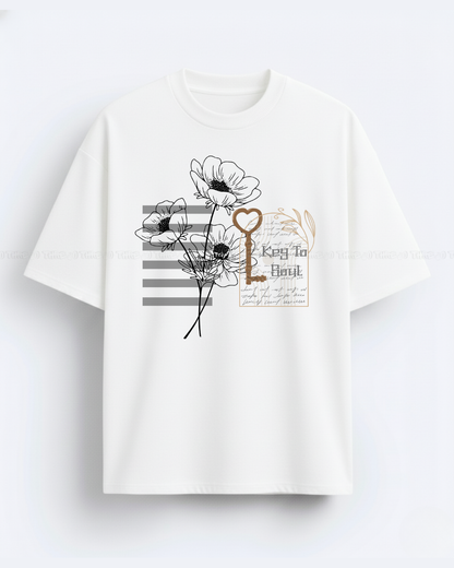 Key to My Heart Oversized T-Shirt – Floral Graphic Women’s Casual Tee