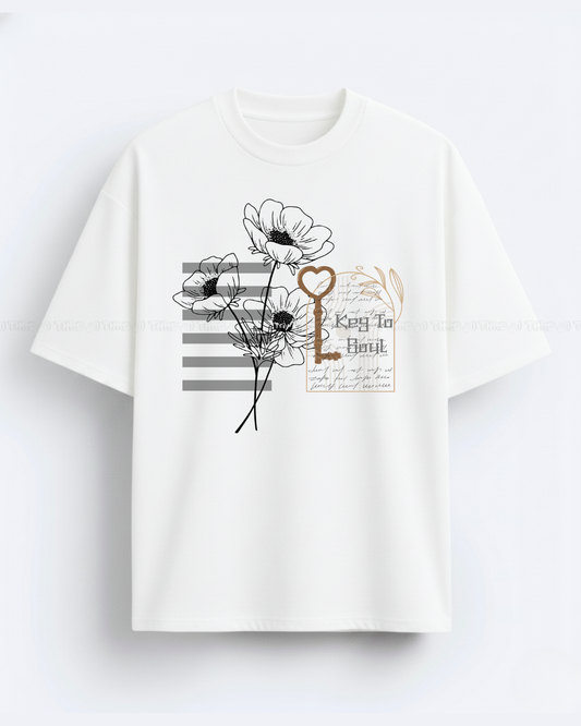 Key to My Heart Oversized T-Shirt – Floral Graphic Women’s Casual Tee