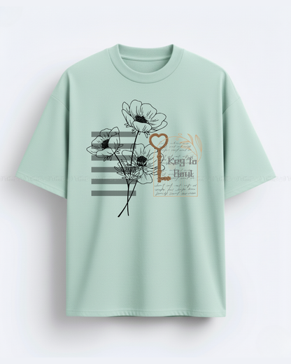 Key to My Heart Oversized T-Shirt – Floral Graphic Women’s Casual Tee