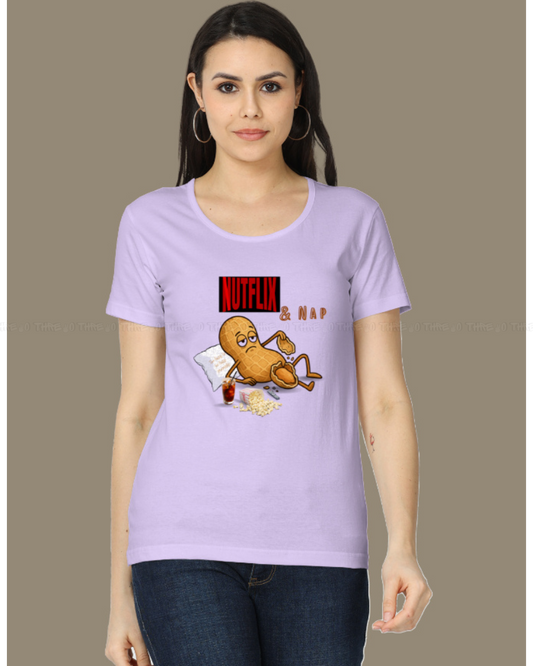 Nutflix & Nap Women’s Classic Crew Neck T-Shirt – Funny Cartoon Graphic Cotton Tee for Relaxed Casual Style