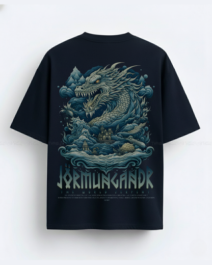 Jörmungandr Oversized T-Shirt – Norse Mythology World Serpent Graphic Tee | Viking Dragon Ocean God Design | Dark Streetwear Vintage Aesthetic Shirt