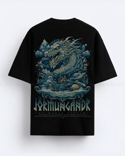 Jörmungandr Oversized T-Shirt – Norse Mythology World Serpent Graphic Tee | Viking Dragon Ocean God Design | Dark Streetwear Vintage Aesthetic Shirt