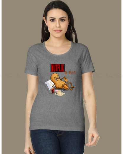 Nutflix & Nap Women’s Classic Crew Neck T-Shirt – Funny Cartoon Graphic Cotton Tee for Relaxed Casual Style